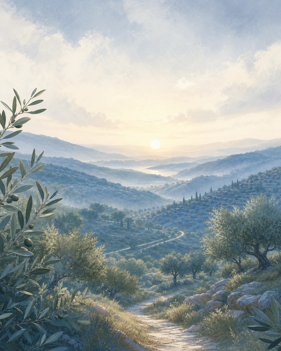 Paisaje sereno de colinas y olivos al amanecer
